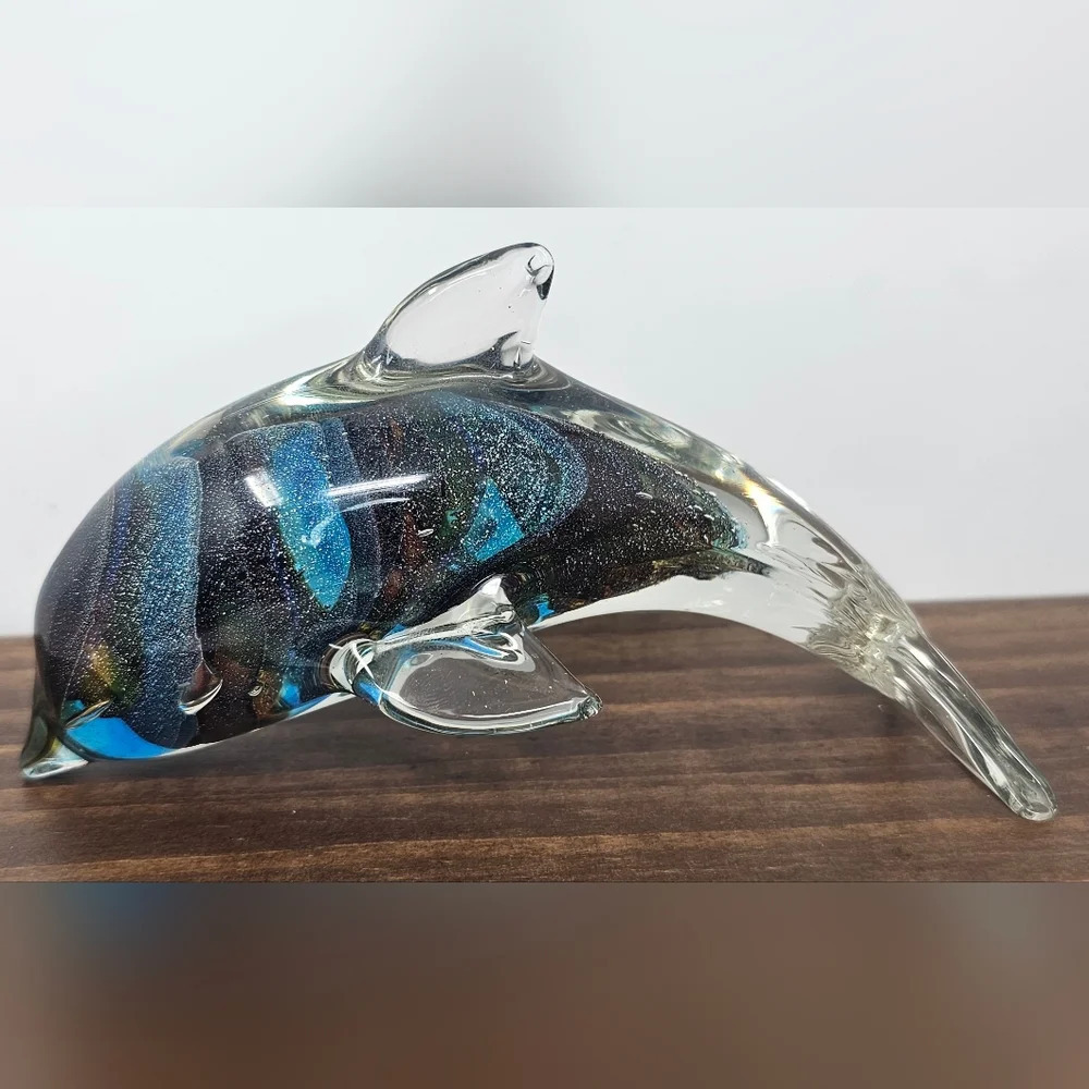 Dolphin Figurine Hand Blown Crystal Glass  Paperweight Multicolor Space  6x3